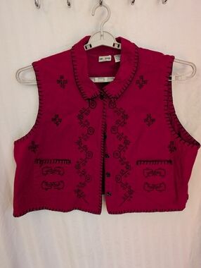 Vintage Red And Black Embroidered Button-Front Cotton Vest Cropped 2x